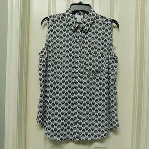 LIZ CLAIBORNE Button Up Sleeveless Blouse White Black Leaf Print Lightweight PL